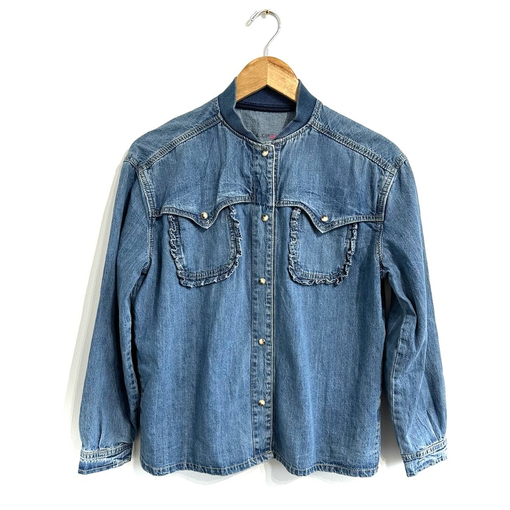 Paul & Joe Sister snap button denim shirt ruffle accent long sleeve